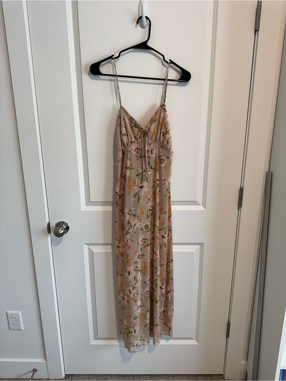 Floral Spaghetti-Strap Mesh Maxi Dress in Light Tan